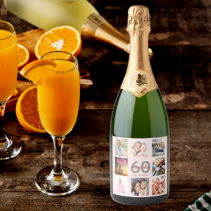 Étiquettes Pour Bouteilles De Vin Mousseux 60e anniversaire blush rose or photo collage