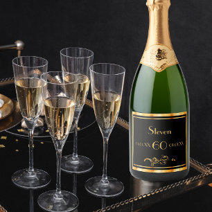 Étiquettes Pour Bouteilles De Vin Mousseux 60e anniversaire fête élégante noir et or