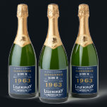 Étiquettes Pour Bouteilles De Vin Mousseux 60th Birthday 1963 Ajouter Votre Nom Blue Gold Leg<br><div class="desc">Personnalisé ajoutez votre nom étiquettes de bouteille de vin mousseux anniversaire. Modifiez le nom et l'année avec le modèle fourni. Une merveilleuse idée d'anniversaire bleue personnalisée. Plus de cadeaux et de fournitures de fête disponibles avec le design "légendaire" dans le magasin.</div>