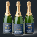 Étiquettes Pour Bouteilles De Vin Mousseux 60th Birthday 1963 Ajouter Votre Nom Blue Gold Leg<br><div class="desc">Personnalisé ajoutez votre nom étiquettes de bouteille de vin mousseux anniversaire. Modifiez le nom et l'année avec le modèle fourni. Une merveilleuse idée d'anniversaire bleue personnalisée. Plus de cadeaux et de fournitures de fête disponibles avec le design "légendaire" dans le magasin.</div>