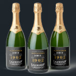 Étiquettes Pour Bouteilles De Vin Mousseux 60th Birthday Ajouter le nom 1962 Vintage Black Go<br><div class="desc">Un design étiquette de bouteille de vin mousseux classique et personnalisé pour cette fête d'anniversaire. Ajoutez le nom à ce design vintage de style rétro noir, blanc et or pour un cadeau d'anniversaire personnalisé. Modifiez facilement le nom et l'année avec le modèle fourni. Plus de cadeaux et de fournitures de...</div>