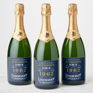 Étiquettes Pour Bouteilles De Vin Mousseux 60th Birthday Ajouter le nom 1962 Vintage Blue Gol