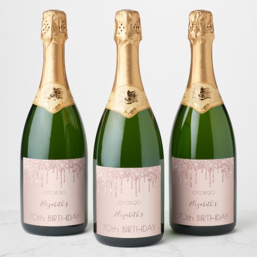 Étiquettes Pour Bouteilles De Vin Mousseux 70e anniversaire blush rose or drips nom (Bouteilles)