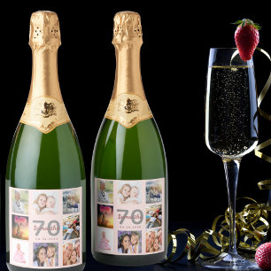 Étiquettes Pour Bouteilles De Vin Mousseux 70e anniversaire fête blush photo collage nom