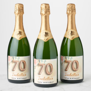 Étiquettes Pour Bouteilles De Vin Mousseux 70e anniversaire floral rose or eucalyptus monogra