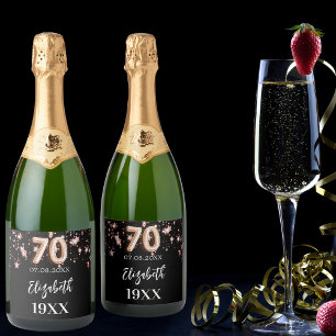 Étiquettes Pour Bouteilles De Vin Mousseux 70e anniversaire noir rose étoiles d'or