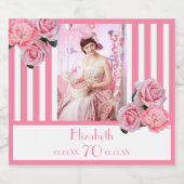 Étiquettes Pour Bouteilles De Vin Mousseux 70e anniversaire rose blanc rayures photo florale (Étiquettes simples)