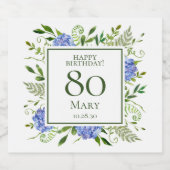 Étiquettes Pour Bouteilles De Vin Mousseux 80e anniversaire Blue Hydrangeas (Étiquettes simples)