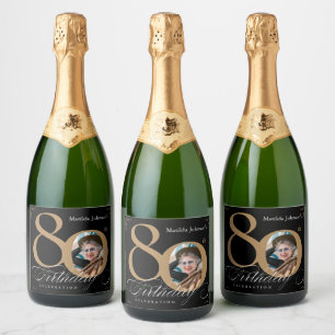 Étiquettes Pour Bouteilles De Vin Mousseux 80e anniversaire Elegant Gold Black Photo personna