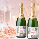 Étiquettes Pour Bouteilles De Vin Mousseux 90e anniversaire fête photo collage<br><div class="desc">Un étiquette de bouteille pour une fête du 90ème anniversaire,  célébrant sa vie avec un collage de 8 de vos photos. Modèles pour un nom,  âge 90 et une date. Date de naissance ou date de la fête. Corail et lettres bordeaux. Fond blanc.</div>