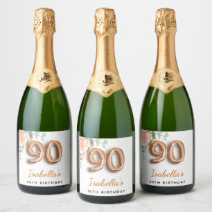 Étiquettes Pour Bouteilles De Vin Mousseux 90e anniversaire floral rose or eucalyptus monogra