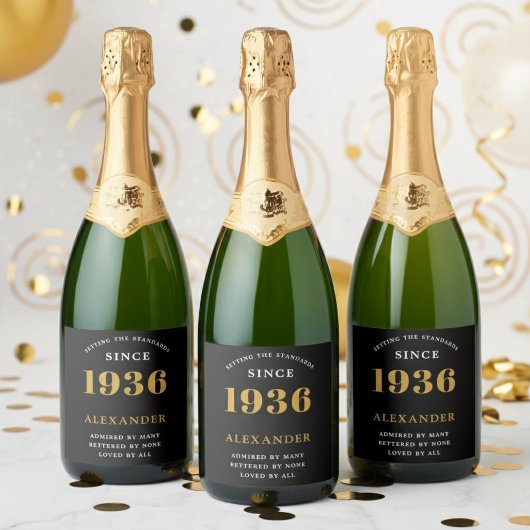 Étiquettes Pour Bouteilles De Vin Mousseux 90th Birthday Name 1936 Black Gold Elegant Chic