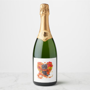 Étiquettes Pour Bouteilles De Vin Mousseux Affenpinscher avec un cœur fait de feuilles d'auto