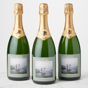 Étiquettes Pour Bouteilles De Vin Mousseux Amour & Merci Minimaliste Sage Green Photo Mariage