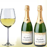 Étiquettes Pour Bouteilles De Vin Mousseux Anniversaire de fête blanc or parties scintillant<br><div class="desc">Un étiquette de vin pour une fête d'anniversaire girly et glamour de 21ème (ou tout âge). Un élégant arrière - plan blanc avec de la poussière de parties scintillant en faux or. Personnalisez et ajoutez une date, un nom et un âge de 21 ans. Le nom est écrit avec un...</div>