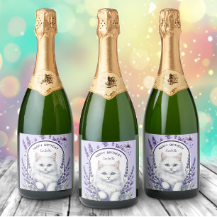 Étiquettes Pour Bouteilles De Vin Mousseux Anniversaire élégant de Lavande et de Chat