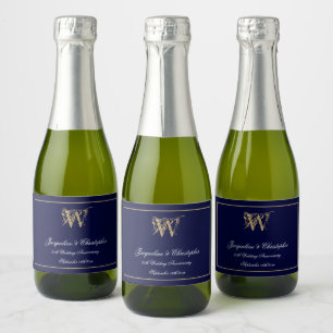 Étiquettes Pour Bouteilles De Vin Mousseux Anniversaire Favore Monogramme Chic Marine Bleu Mi