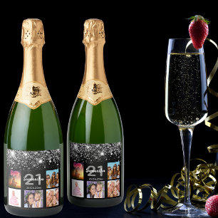 Étiquettes Pour Bouteilles De Vin Mousseux Anniversaire noir argent parties scintillant photo