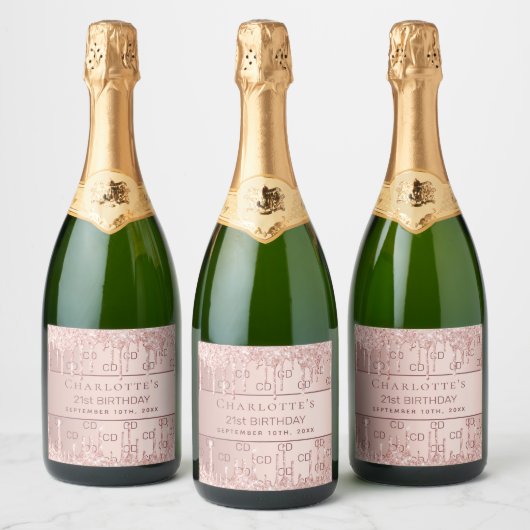 Étiquettes Pour Bouteilles De Vin Mousseux Anniversaire rose or parties scintillant monogramm (Bouteilles)