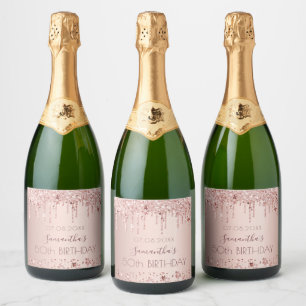Étiquettes Pour Bouteilles De Vin Mousseux Anniversaire rose or rose gouttes étoiles