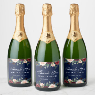 Étiquettes Pour Bouteilles De Vin Mousseux Aquarelle Burgundy Blue Floral Mariage