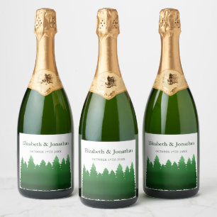 Étiquettes Pour Bouteilles De Vin Mousseux Aquarelle Mariage des pins de bois