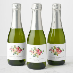 Étiquettes Pour Bouteilles De Vin Mousseux Aquarelle moderne Rouge rose Mariage Floral Person
