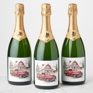 Étiquettes Pour Bouteilles De Vin Mousseux Aquarelle Noël Vintage Camion et grange