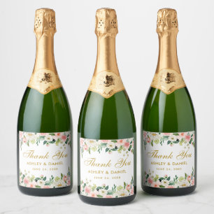 Étiquettes Pour Bouteilles De Vin Mousseux Aquarelle rose Blush Blanc Floral Mariage or