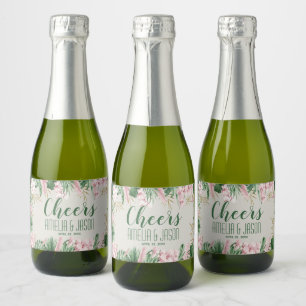 Étiquettes Pour Bouteilles De Vin Mousseux Aquarelle vert et rose tropique