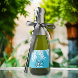Étiquettes Pour Bouteilles De Vin Mousseux Arbres blancs de palmiers sur Mini bleu tropical