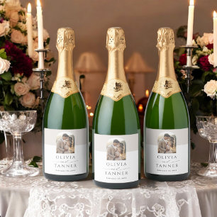 Étiquettes Pour Bouteilles De Vin Mousseux Arc moderne élégante photo Mariage beige neutre
