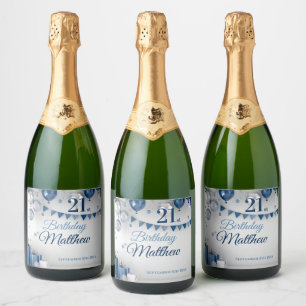 Étiquettes Pour Bouteilles De Vin Mousseux Argent bleu 21e anniversaire