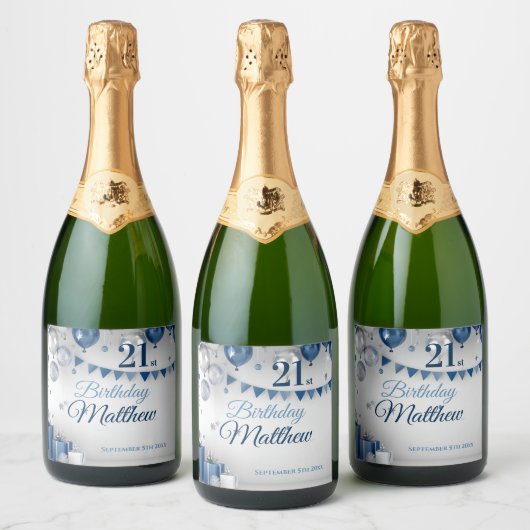 Étiquettes Pour Bouteilles De Vin Mousseux Argent bleu 21e anniversaire (Bouteilles)