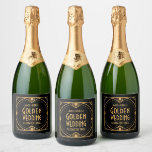 Étiquettes Pour Bouteilles De Vin Mousseux Art Déco Noms Mariage d'or CelebratIon Noir