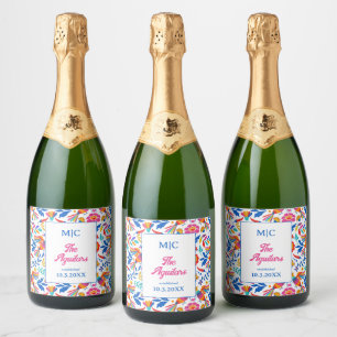 Étiquettes Pour Bouteilles De Vin Mousseux Art folklorique Floral Fiesta Monogramme Décor Mar