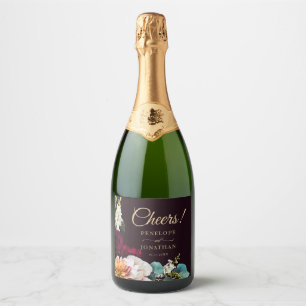 Étiquettes Pour Bouteilles De Vin Mousseux Automne Bourgogne Floral Gold Script Bravo! Mariag