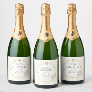 Étiquettes Pour Bouteilles De Vin Mousseux Baby Shower Arc-en-Ciel Aquarelle Bohème