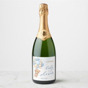 Étiquettes Pour Bouteilles De Vin Mousseux Baby shower Ballons Bleus Ours Teddy