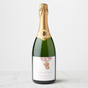 Étiquettes Pour Bouteilles De Vin Mousseux Baby shower rose blanc à bulle d'ours en peluche