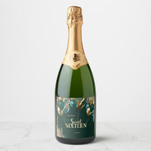 Étiquettes Pour Bouteilles De Vin Mousseux Ballons gouttes de paillettes dorées Sweet 16 vert