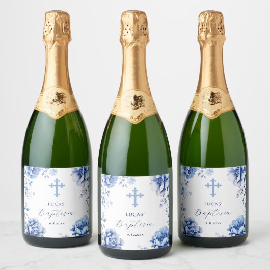 Étiquettes Pour Bouteilles De Vin Mousseux Baptême des fleurs bleues (Bouteilles)