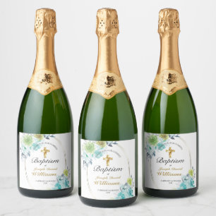 Étiquettes Pour Bouteilles De Vin Mousseux Beau bleu Floral Gold Cross Baby Baptism