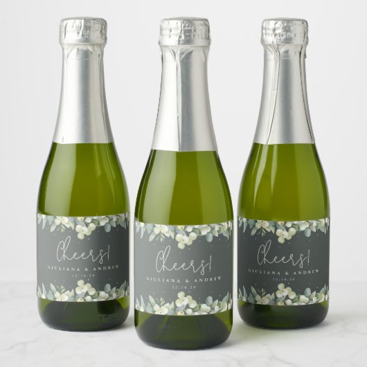 Étiquettes Pour Bouteilles De Vin Mousseux Berneberge verte+Eucalyptus Mariage d'hiver Mini (Bouteilles)