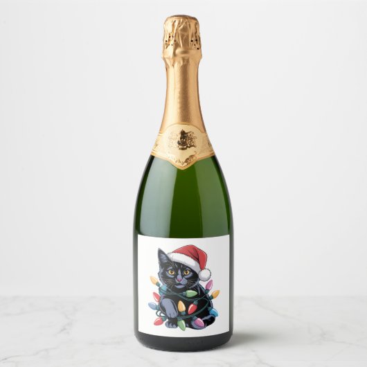 Étiquettes Pour Bouteilles De Vin Mousseux Black Cat lumières Noël Amoureux des chats amusant (Devant)
