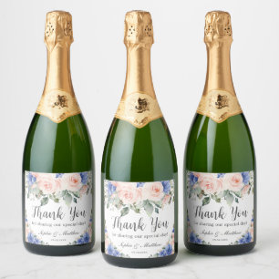 Étiquettes Pour Bouteilles De Vin Mousseux Bleu Floral Mariage Cadeau Remerciement de Mariée