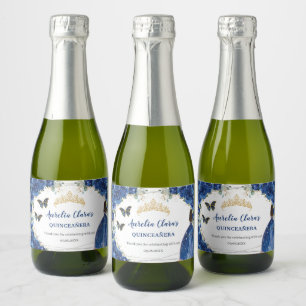 Étiquettes Pour Bouteilles De Vin Mousseux Bleu Royal Floral Or Quinceañera Anniversaire