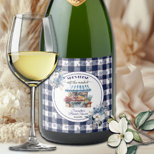 Étiquettes Pour Bouteilles De Vin Mousseux Blue Gingham En Dehors du Marché Floral Bridal Sho