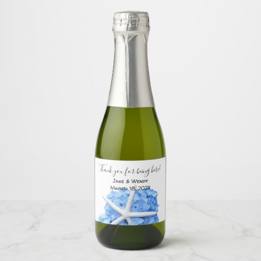 Étiquettes Pour Bouteilles De Vin Mousseux Blue Hydrangea Starfish Merci (Devant)