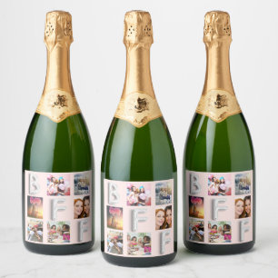 Étiquettes Pour Bouteilles De Vin Mousseux Blush argent photo collage rose gold ami